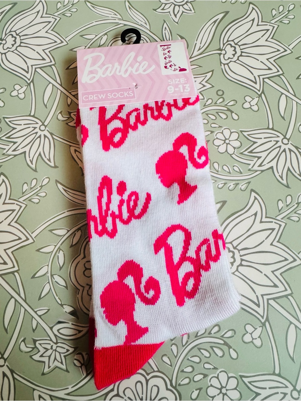 Barbie White Crew Socks with Bright Pink Logo and Silhouette - Picture 2 of 4